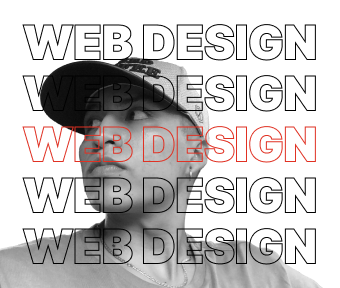 puede ser una imagen a blanco y negro con letras que dicen web design y de fondo una persona con gorra mirando hacia la izquierda