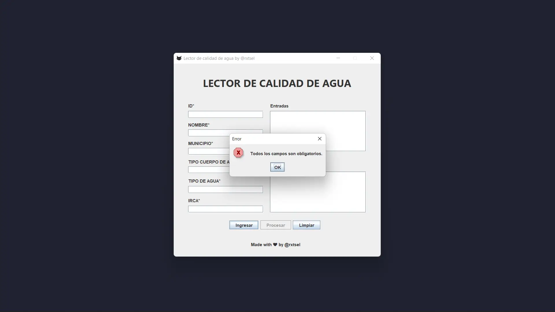 puede ser una imagen que contiene una captura de pantalla de una aplicacion de escritorio hecho en java que dice lector de calidad de agua