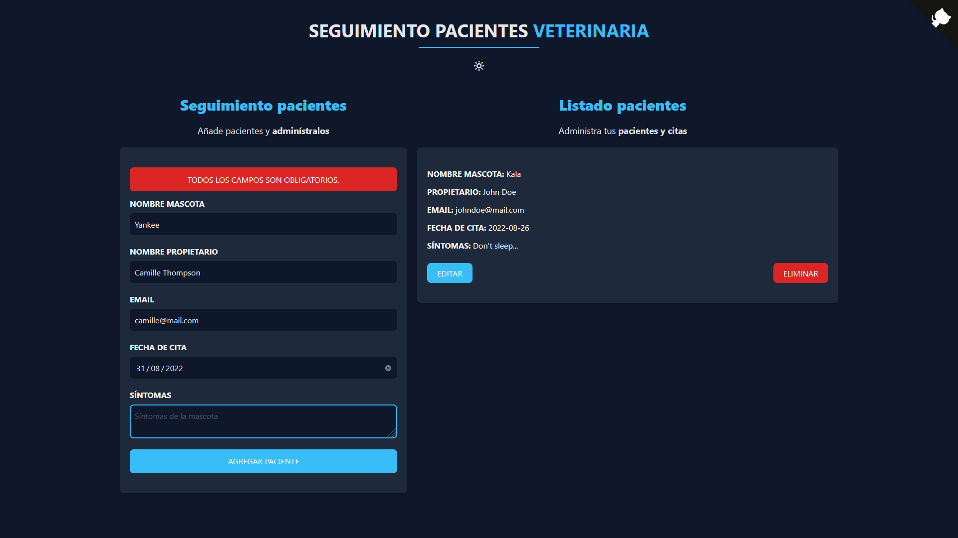 puede ser una imagen que contiene una captura de pantalla del sitio web que dice administrador de pacientes de veterinaria